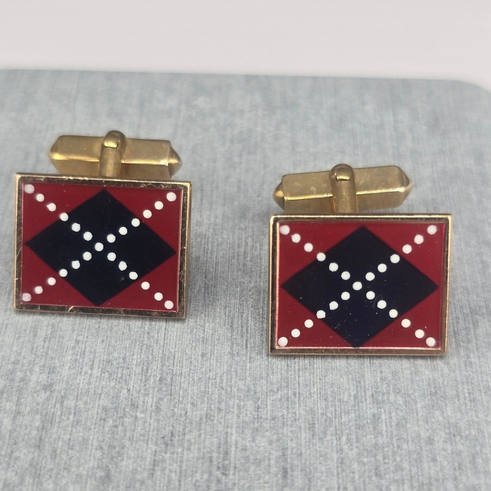 Vintage Swank Cufflinks Red Blue Argyle Enamel Gold Tone Rectangular